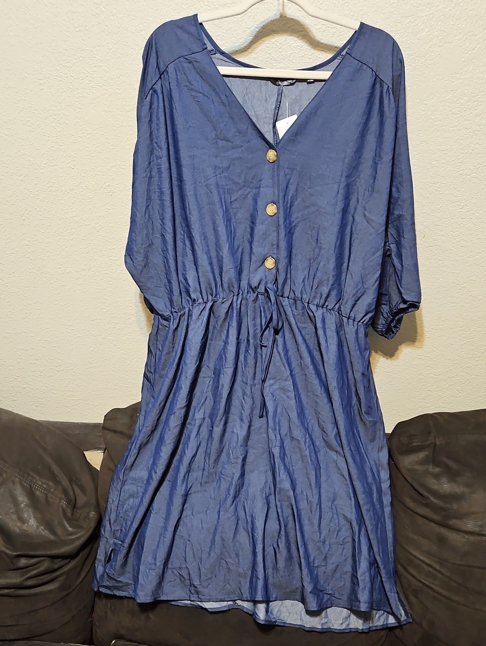 Women's Blue Midi Dress with Button Front and Drawstring Waist